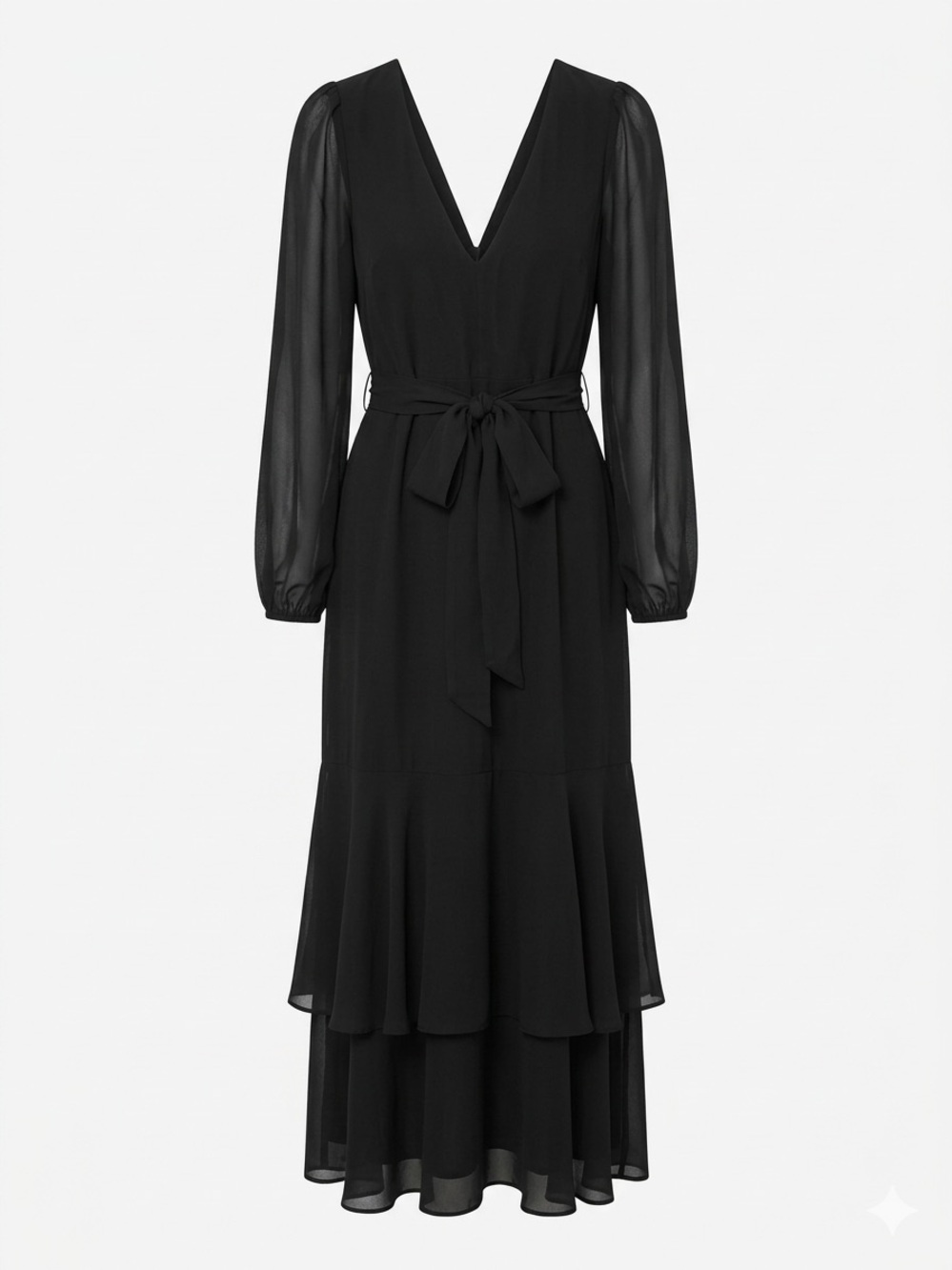 Lulu's Black V-Neck Long Sleeve Tiered Maxi Dress with Self-Tie Waist